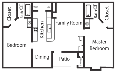 Floor plan for 2 beds, 2 baths, 940 sqft